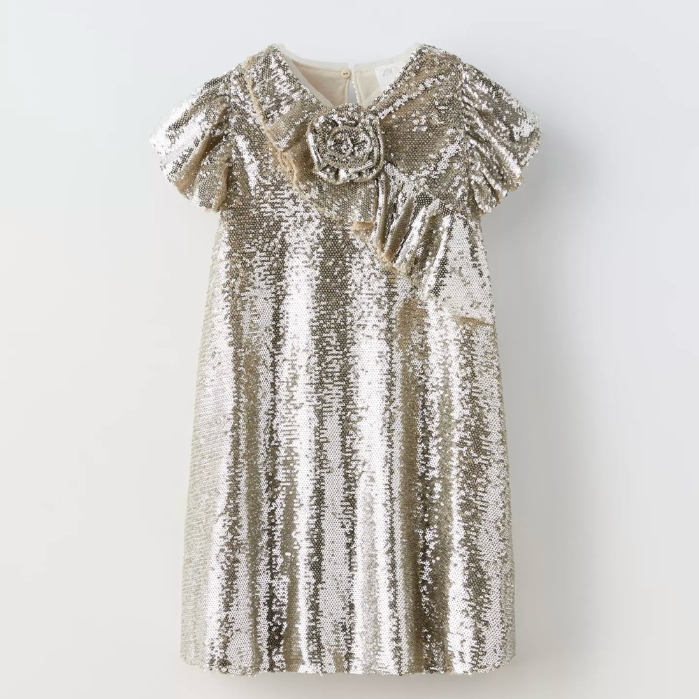 Gold Sequin Dress with Floral Accent